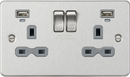 Knightsbridge MLA FPR9904NBCG Flat plate 13A 2G switched socket with USB chargers (2.4A) - Brushed Chrome with grey insert