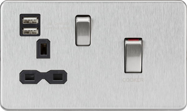 Knightsbridge MLA SFR83UMBC 45A DP Switch & 13A Socket with Dual USB A+A (5V DC 2.4A shared) - Brushed Chrome with Black Insert