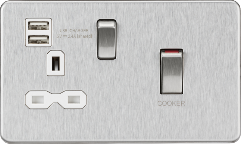 Knightsbridge MLA SFR83UMBCW 45A DP Switch & 13A Socket with Dual USB A+A (5V DC 2.4A shared) - Brushed Chrome with White Insert