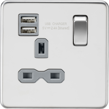 Knightsbridge MLA SFR9124PCG 13A 1G SP Switched Socket with Dual USB A+A (5V DC 2.4A shared) - Polished Chrome with Grey Insert