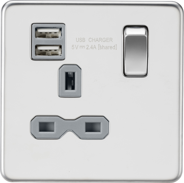 Knightsbridge MLA Screwless SFR9124PCG 13A 1G SP Switched Socket with Dual USB A+A (5V DC 2.4A shared) - Polished Chrome with Grey Insert