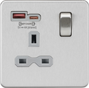 Knightsbridge MLA Screwless SFR9919BCG 13A 1G SP Switched Socket with Dual USB A+C 12V DC 1.5A [Max. 18W] - Brushed Chrome with Grey Insert
