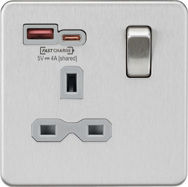 Knightsbridge MLA SFR9919BCG 13A 1G SP Switched Socket with Dual USB A+C 12V DC 1.5A [Max. 18W] - Brushed Chrome with Grey Insert