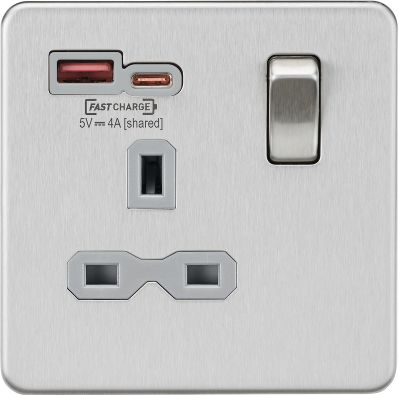 Knightsbridge MLA SFR9919BCG 13A 1G SP Switched Socket with Dual USB A+C 12V DC 1.5A [Max. 18W] - Brushed Chrome with Grey Insert