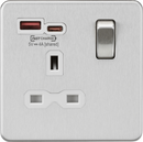Knightsbridge MLA Screwless SFR9919BCW 13A 1G SP Switched Socket with Dual USB A+C 12V DC 1.5A [Max. 18W] - Brushed Chrome w/White Insert