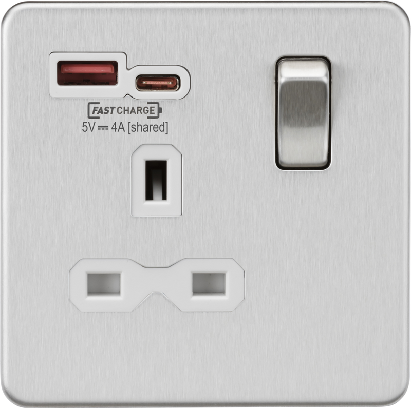 Knightsbridge MLA SFR9919BCW 13A 1G SP Switched Socket with Dual USB A+C 12V DC 1.5A [Max. 18W] - Brushed Chrome w/White Insert