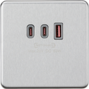 Knightsbridge MLA Screwless SF63WBCG 230V Triple USB Charger Plate 2xUSB-C 1xUSB-A [20V DC Max. 63W] - Brushed Chrome with grey insert
