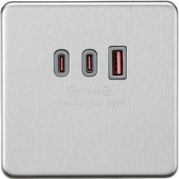 Knightsbridge MLA SF63WBCG 230V Triple USB Charger Plate 2xUSB-C 1xUSB-A [20V DC Max. 63W] - Brushed Chrome with grey insert