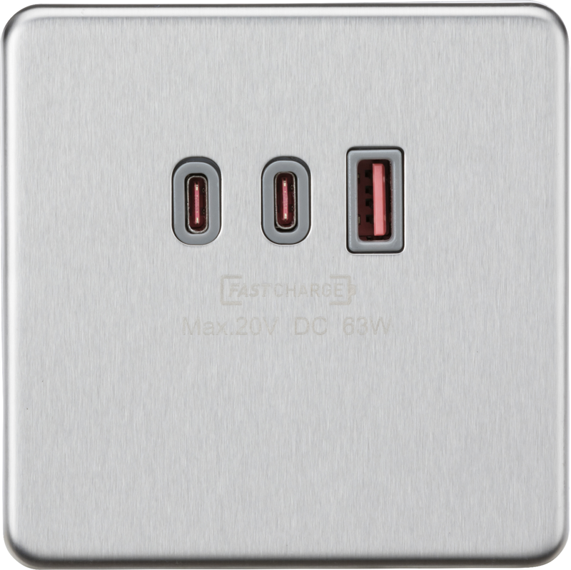 Knightsbridge MLA SF63WBCG 230V Triple USB Charger Plate 2xUSB-C 1xUSB-A [20V DC Max. 63W] - Brushed Chrome with grey insert