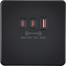 Knightsbridge MLA Screwless SF63WMB 230V Triple USB Charger Plate 2xUSB-C 1xUSB-A [20V DC Max. 63W] - Matt Black
