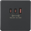 Knightsbridge MLA Screwless SF63WAT 230V Triple USB Charger Plate 2xUSB-C 1xUSB-A [20V DC Max. 63W] - Anthracite