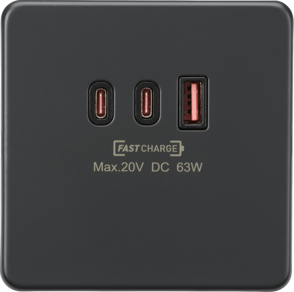 Knightsbridge MLA SF63WAT 230V Triple USB Charger Plate 2xUSB-C 1xUSB-A [20V DC Max. 63W] - Anthracite