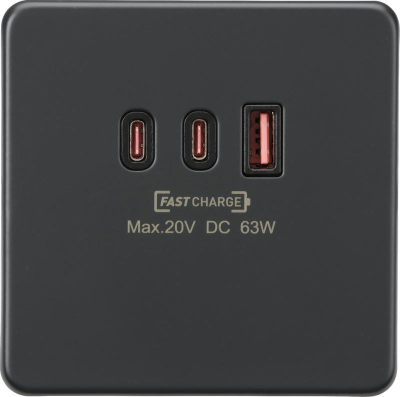 Knightsbridge MLA SF63WAT 230V Triple USB Charger Plate 2xUSB-C 1xUSB-A [20V DC Max. 63W] - Anthracite