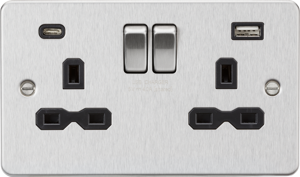 Knightsbridge MLA FPR9940BC 13A 2G SP Switched Socket with Dual USB A+C (5V DC 4.0A shared) - Brushed Chrome with Black Insert