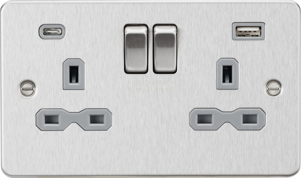 Knightsbridge MLA FPR9940BCG 13A 2G SP Switched Socket with Dual USB A+C (5V DC 4.0A shared) - Brushed Chrome with Grey Insert