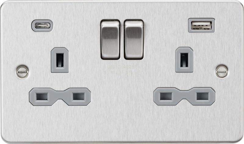 Knightsbridge MLA FPR9940BCG 13A 2G SP Switched Socket with Dual USB A+C (5V DC 4.0A shared) - Brushed Chrome with Grey Insert