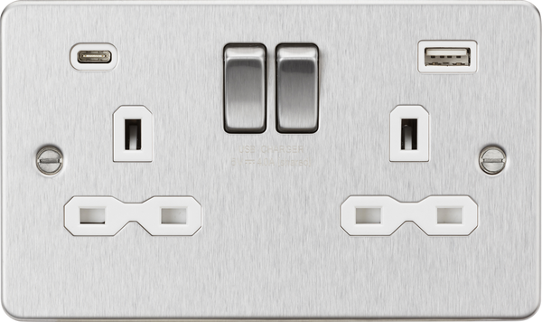 Knightsbridge MLA FPR9940BCW 13A 2G SP Switched Socket with Dual USB A+C (5V DC 4.0A shared) - Brushed Chrome with White Insert