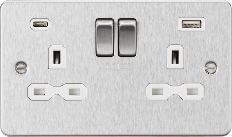 Knightsbridge MLA FPR9940BCW 13A 2G SP Switched Socket with Dual USB A+C (5V DC 4.0A shared) - Brushed Chrome with White Insert