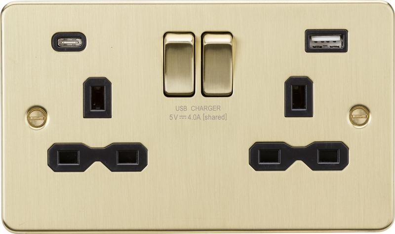 Knightsbridge MLA FPR9940BB 13A 2G SP Switched Socket with Dual USB A+C (5V DC 4.0A shared) - Brushed Brass with black Insert