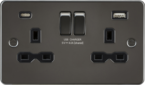 Knightsbridge MLA FPR9940GM 13A 2G SP Switched Socket with Dual USB A+C (5V DC 4.0A shared) - Gunmetal with Black Insert