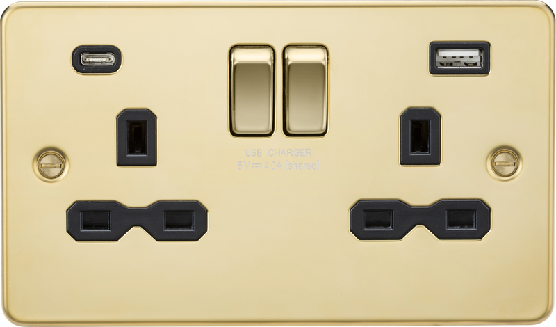 Knightsbridge MLA FPR9940PB 13A 2G SP Switched Socket with Dual USB A+C (5V DC 4.0A shared) -  Polished Brass with Black Insert