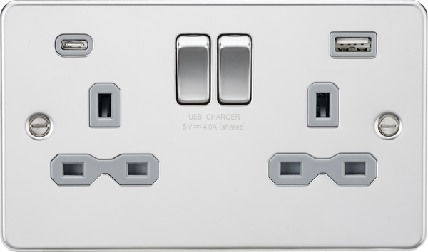 Knightsbridge MLA FPR9940PCG 13A 2G SP Switched Socket with Dual USB A+C (5V DC 4.0A shared) - Polished Chrome with Grey Insert