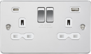 Knightsbridge MLA FPR9940PCW 13A 2G SP Switched Socket with Dual USB A+C (5V DC 4.0A shared) - Polished Chrome with White Insert