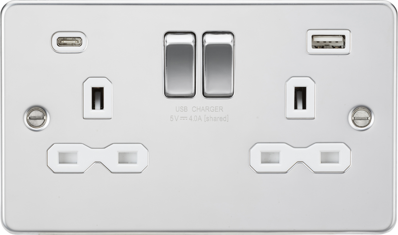 Knightsbridge MLA FPR9940PCW 13A 2G SP Switched Socket with Dual USB A+C (5V DC 4.0A shared) - Polished Chrome with White Insert