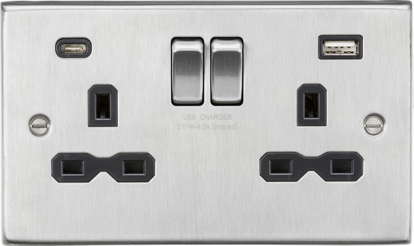 Knightsbridge MLA CS9940BC 13A 2G SP Switched Socket with Dual USB A+C (5V DC 4.0A shared)  - Brushed Chrome with Black Insert