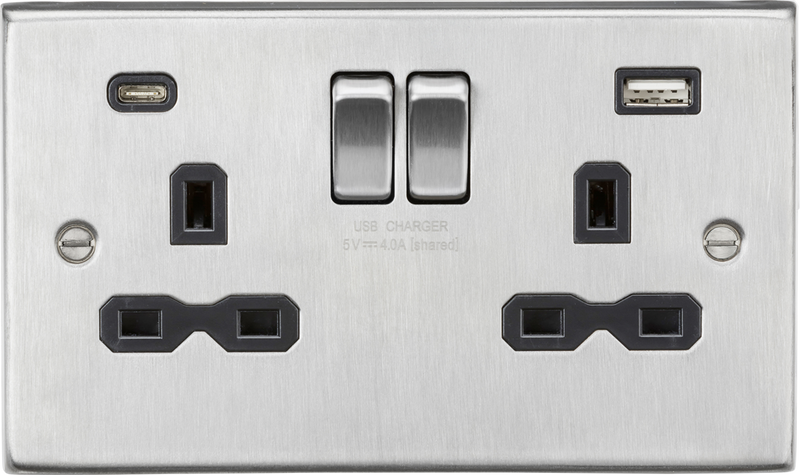 Knightsbridge MLA CS9940BC 13A 2G SP Switched Socket with Dual USB A+C (5V DC 4.0A shared)  - Brushed Chrome with Black Insert