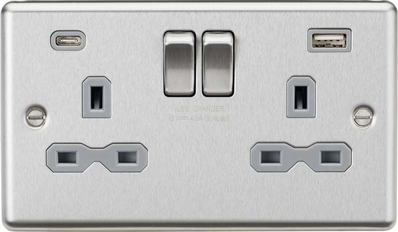 Knightsbridge MLA CL9940BCG 13A 2G SP Switched Socket with dual USB C+A 5V DC 4.0A [shared] - Brushed Chrome with grey insert