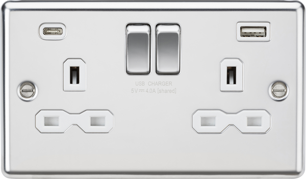 Knightsbridge MLA CL9940PCW 13A 2G SP Switched Socket with dual USB C+A 5V DC 4.0A [shared] - Polished Chrome with white insert