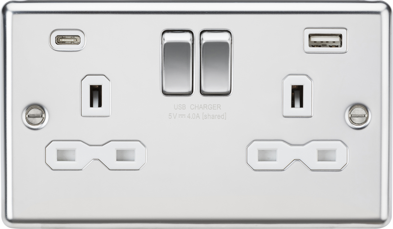 Knightsbridge MLA CL9940PCW 13A 2G SP Switched Socket with dual USB C+A 5V DC 4.0A [shared] - Polished Chrome with white insert