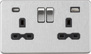 Knightsbridge MLA Screwless SFR9940BC 13A 2G SP Switched Socket with Dual USB A+C (5V DC 4.0A shared) - Brushed Chrome with Black Insert