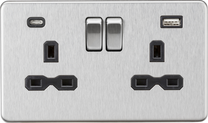 Knightsbridge MLA SFR9940BC 13A 2G SP Switched Socket with Dual USB A+C (5V DC 4.0A shared) - Brushed Chrome with Black Insert