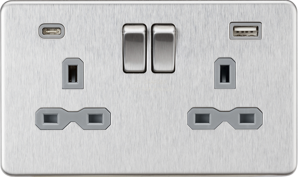 Knightsbridge MLA Screwless SFR9940BCG 13A 2G SP Switched Socket with Dual USB A+C (5V DC 4.0A shared) - Brushed Chrome with Grey Insert