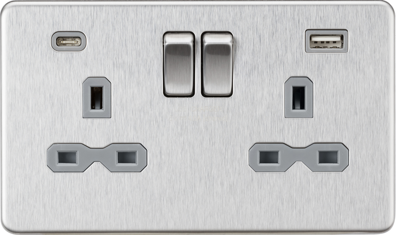 Knightsbridge MLA SFR9940BCG 13A 2G SP Switched Socket with Dual USB A+C (5V DC 4.0A shared) - Brushed Chrome with Grey Insert