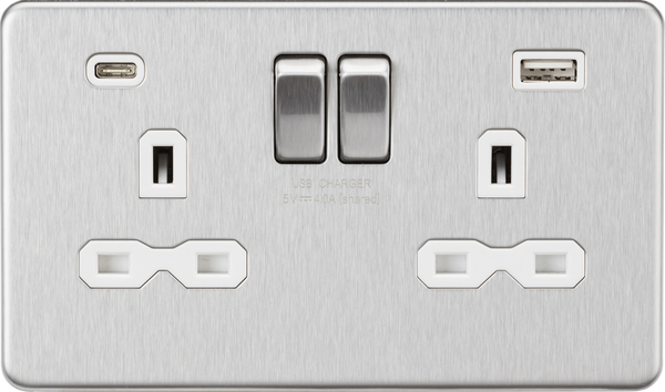 Knightsbridge MLA SFR9940BCW 13A 2G SP Switched Socket with Dual USB A+C (5V DC 4.0A shared) - Brushed Chrome with White Insert