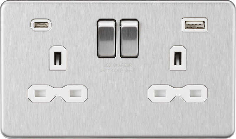 Knightsbridge MLA SFR9940BCW 13A 2G SP Switched Socket with Dual USB A+C (5V DC 4.0A shared) - Brushed Chrome with White Insert