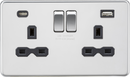 Knightsbridge MLA Screwless SFR9940PC 13A 2G SP Switched Socket with Dual USB A+C (5V DC 4.0A shared) - Polished Chrome with Black Insert