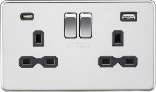 Knightsbridge MLA Screwless SFR9940PC 13A 2G SP Switched Socket with Dual USB A+C (5V DC 4.0A shared) - Polished Chrome with Black Insert