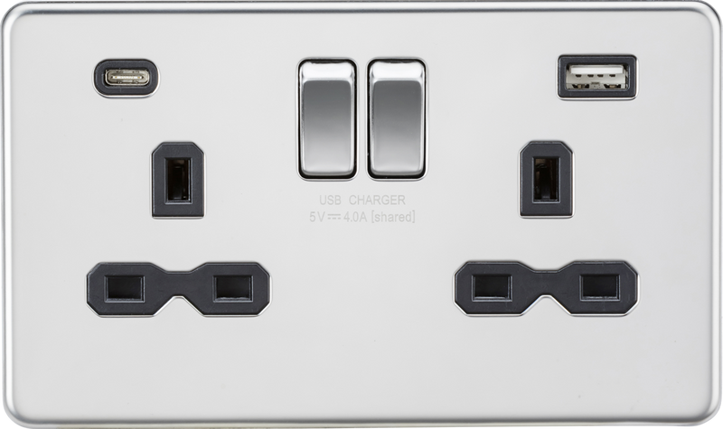 Knightsbridge MLA SFR9940PC 13A 2G SP Switched Socket with Dual USB A+C (5V DC 4.0A shared) - Polished Chrome with Black Insert