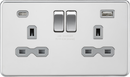 Knightsbridge MLA Screwless SFR9940PCG 13A 2G SP Switched Socket with Dual USB A+C (5V DC 4.0A shared) - Polished Chrome with Grey Insert