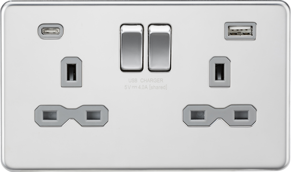 Knightsbridge MLA SFR9940PCG 13A 2G SP Switched Socket with Dual USB A+C (5V DC 4.0A shared) - Polished Chrome with Grey Insert