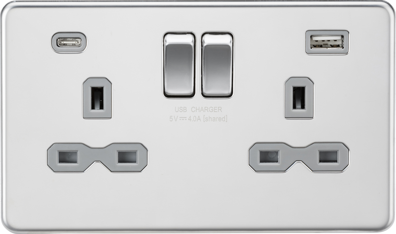 Knightsbridge MLA SFR9940PCG 13A 2G SP Switched Socket with Dual USB A+C (5V DC 4.0A shared) - Polished Chrome with Grey Insert