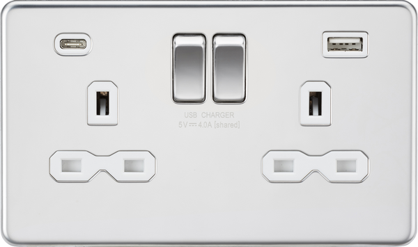 Knightsbridge MLA Screwless SFR9940PCW 13A 2G SP Switched Socket with Dual USB A+C (5V DC 4.0A shared) - Polished Chrome with White Insert