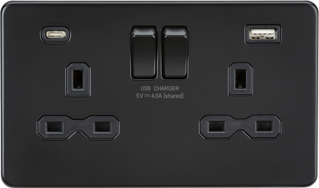 Knightsbridge MLA Screwless SFR9940MBB 13A 2G SP Switched Socket with Dual USB A+C (5V DC 4.0A shared) - Matt Black with Black Insert