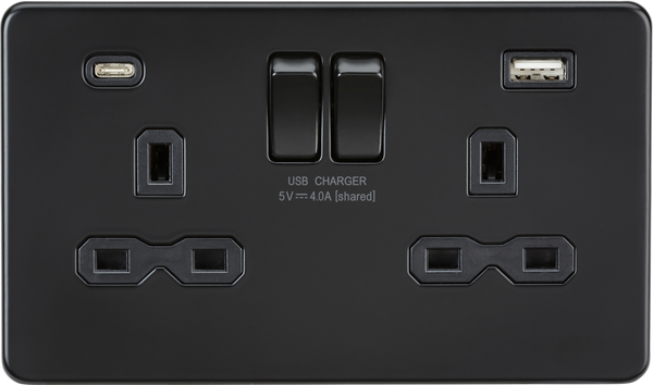 Knightsbridge MLA Screwless SFR9940MBB 13A 2G SP Switched Socket with Dual USB A+C (5V DC 4.0A shared) - Matt Black with Black Insert