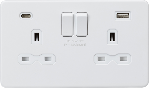 Knightsbridge MLA SFR9940MW 13A 2G SP Switched Socket with Dual USB A+C (5V DC 4.0A shared) - Matt White with White Insert