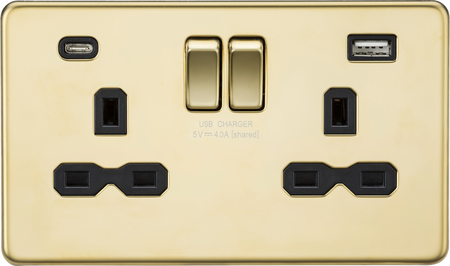 Knightsbridge MLA SFR9940PB 13A 2G SP Switched Socket with Dual USB A+C (5V DC 4.0A shared) - Polished Brass with Black Insert